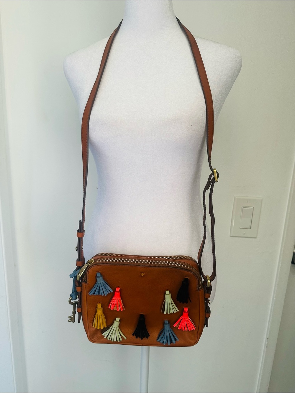 Fossil Piper Toaster Leather Tassel Crossbody Bag - Cognac Multi